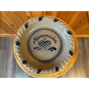 Vintage Rowe Pottery Homemade Pie Plate Dish Blue Heart Stoneware Salt Glaze (85